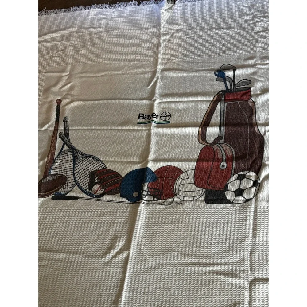 Vintage Bayer Sports Throw Blanket Waffle Weave Fringe Cream Promotional 46x46